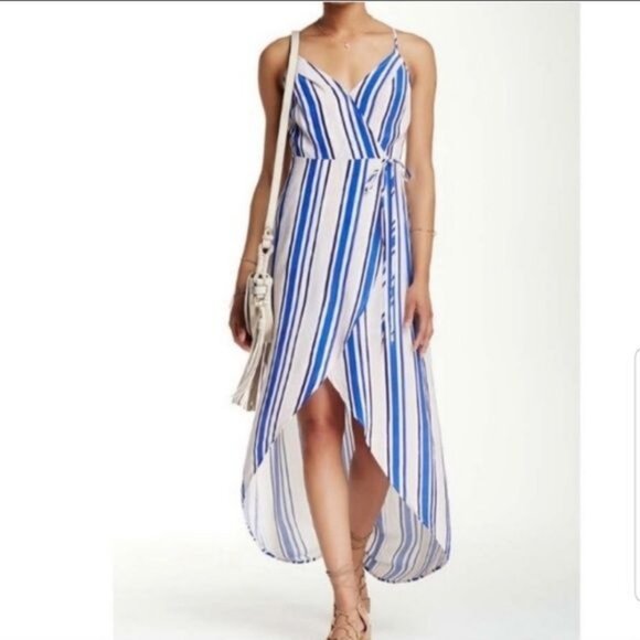 Anthropologie ASTR The Label Size M Blue White Faux Wrap Striped Maxi Dress - Picture 2 of 8